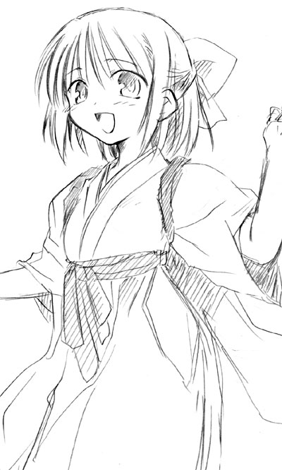 kohaku (tsukihime), tsukihime, 00s, 1girl, female focus, greyscale, monochrome, simple background, sketch, solo, white background
