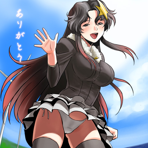 haruyama kazunori, meer campbell, gundam, gundam seed, gundam seed destiny, lowres, spoilers, translated, 00s, 1girl, black hair, black thighhighs, blush, breasts, brown eyes, cameltoe, coat, female focus, freckles, gradient background, hair ornament, large breasts, long hair, long sleeves, miniskirt, panties, pantyshot, red hair, side-tie panties, skindentation, skirt, smile, solo, standing, star (symbol), star hair ornament, thighhighs, thighs, underwear, upskirt, waving, white panties, zettai ryouiki