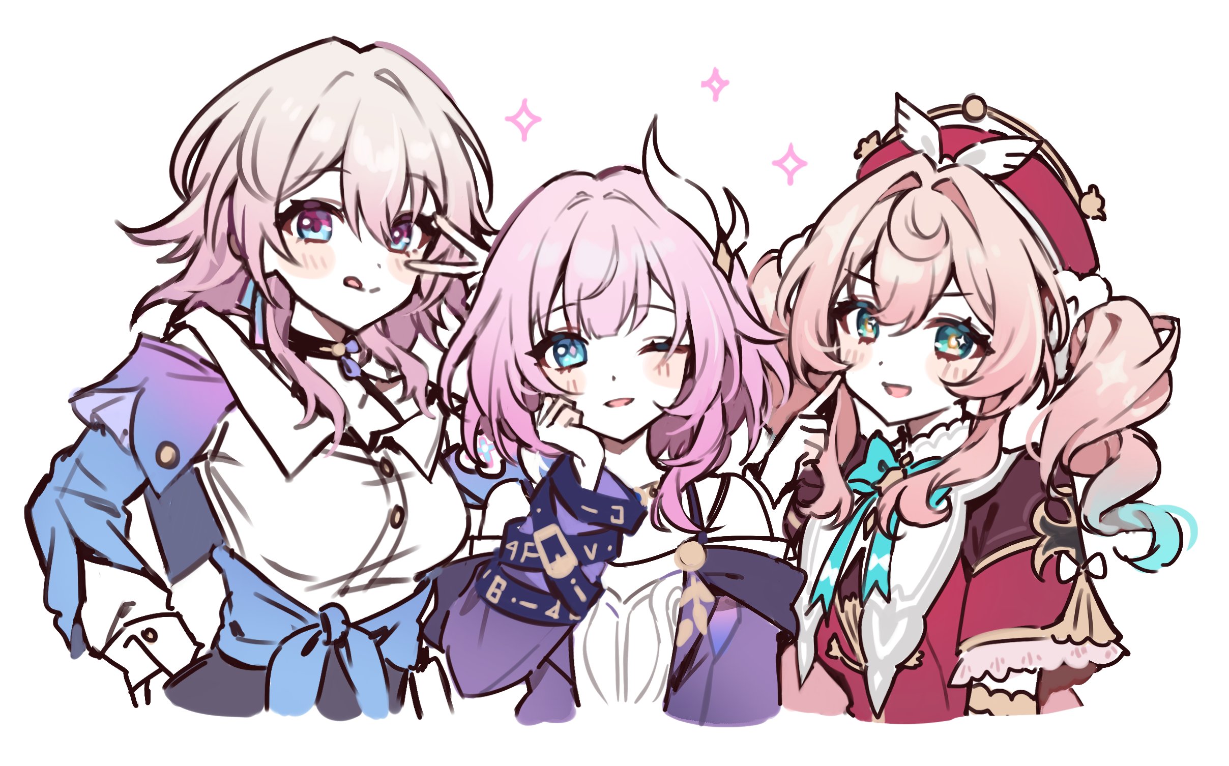 kheng (k heng1223), cyrene (honkai: star rail), hyacine (honkai: star rail), march 7th (honkai: star rail), honkai: star rail, honkai (series), highres, 3girls, :q, blue eyes, collared shirt, dress, drill hair, finger to cheek, green eyes, hand on own face, hat, jacket, long hair, looking at viewer, medium hair, multicolored eyes, multiple girls, one eye closed, pink eyes, pink hair, purple jacket, red dress, red hat, shirt, tongue, tongue out, twin drills, two-tone eyes, white dress