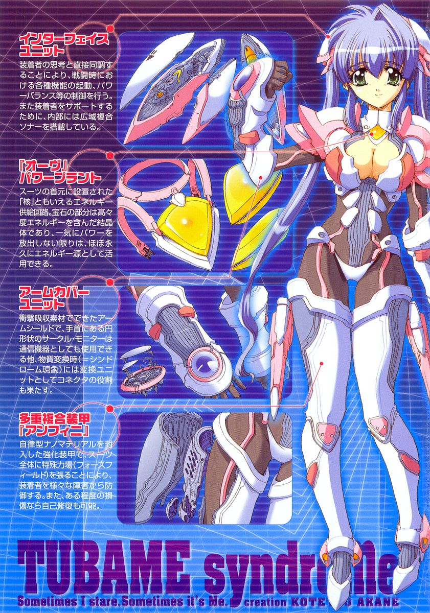 akane kotetsu, kurashiki tsubame, tsubame syndrome, highres, official art, scan, translation request, 1girl, arm up, armor, black bodysuit, blue hair, bodysuit, breasts, cleavage, cleavage cutout, clothing cutout, gauntlets, green eyes, gun, hair intakes, hair ornament, hairpods, high heels, holster, large breasts, long hair, mecha musume, purple hair, reference sheet, shoes, smile, standing, thigh gap, thighhighs, turtleneck, twintails, very long hair, weapon, white thighhighs