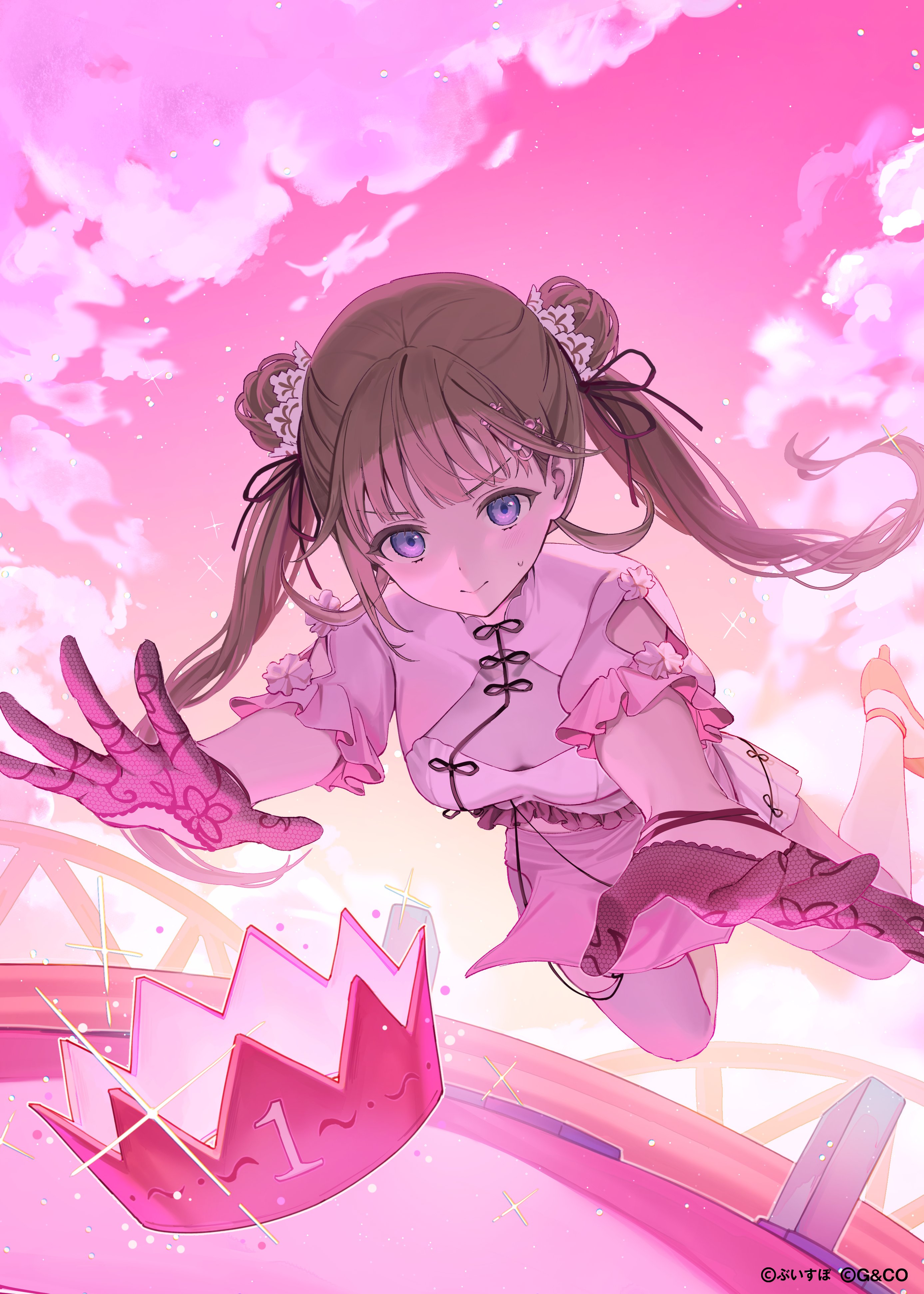 rangu, hanabusa lisa, vspo!, absurdres, highres, official art, 1girl, breasts, china dress, chinese clothes, closed mouth, cloud, cloudy sky, crown, double bun, dress, gloves, hair bun, half gloves, high heels, long hair, looking at object, looking at viewer, nervous smile, pink sky, shoes, short sleeves, sky, smile, solo, sweat, thighhighs, virtual youtuber, white dress