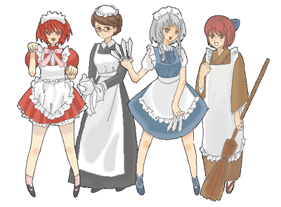 emma, emma (victorian romance emma), izayoi sakuya, kohaku (tsukihime), momomiya ichigo, tokyo mew mew, touhou, tsukihime, victorian romance emma, silver hair, lowres, 00s, 4girls, apron, between fingers, broom, brown hair, crossover, dress, holding, knife, maid, maid apron, multiple girls, red hair, short hair, teapot, throwing knife, trait connection, weapon
