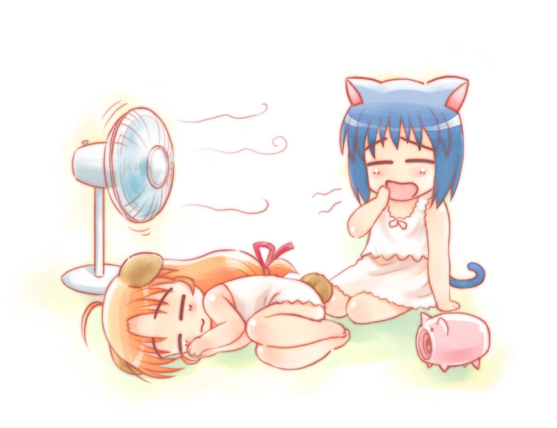 kashiwagi hatsune, kashiwagi kaede, kizuato, 2girls, animal ears, blush, cat ears, cat tail, chibi, chibi only, dog ears, dog tail, electric fan, fetal position, incense, lying, multiple girls, pig, simple background, sleeping, sleepy, tail, white background, yawning
