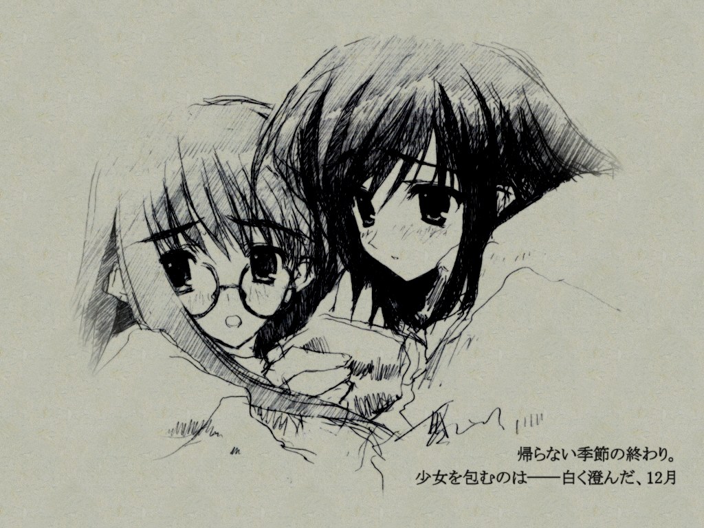 kurihara touko, sakaki shinobu, tenshi no inai 12-gatsu, 2girls, black hair, blush, glasses, greyscale, holding another's wrist, long hair, long sleeves, monochrome, multiple girls, open mouth, sleeves past wrists, touko kurihara, very long hair