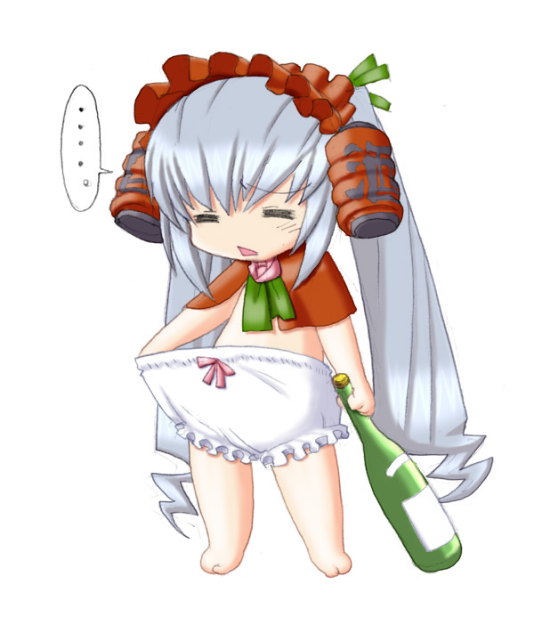 akachouchin, suigintou, futaba channel, rozen maiden, silver hair, 00s, 1girl, = =, alcohol, barefoot, bloomers, bottle, can, capelet, chibi, chibi only, closed eyes, drunk, feet, female focus, flower, full body, hairband, legs apart, loli, lolita hairband, long hair, open mouth, pink flower, pink rose, rose, simple background, solo, standing, twintails, underage drinking, underwear, very long hair, white bloomers, wine