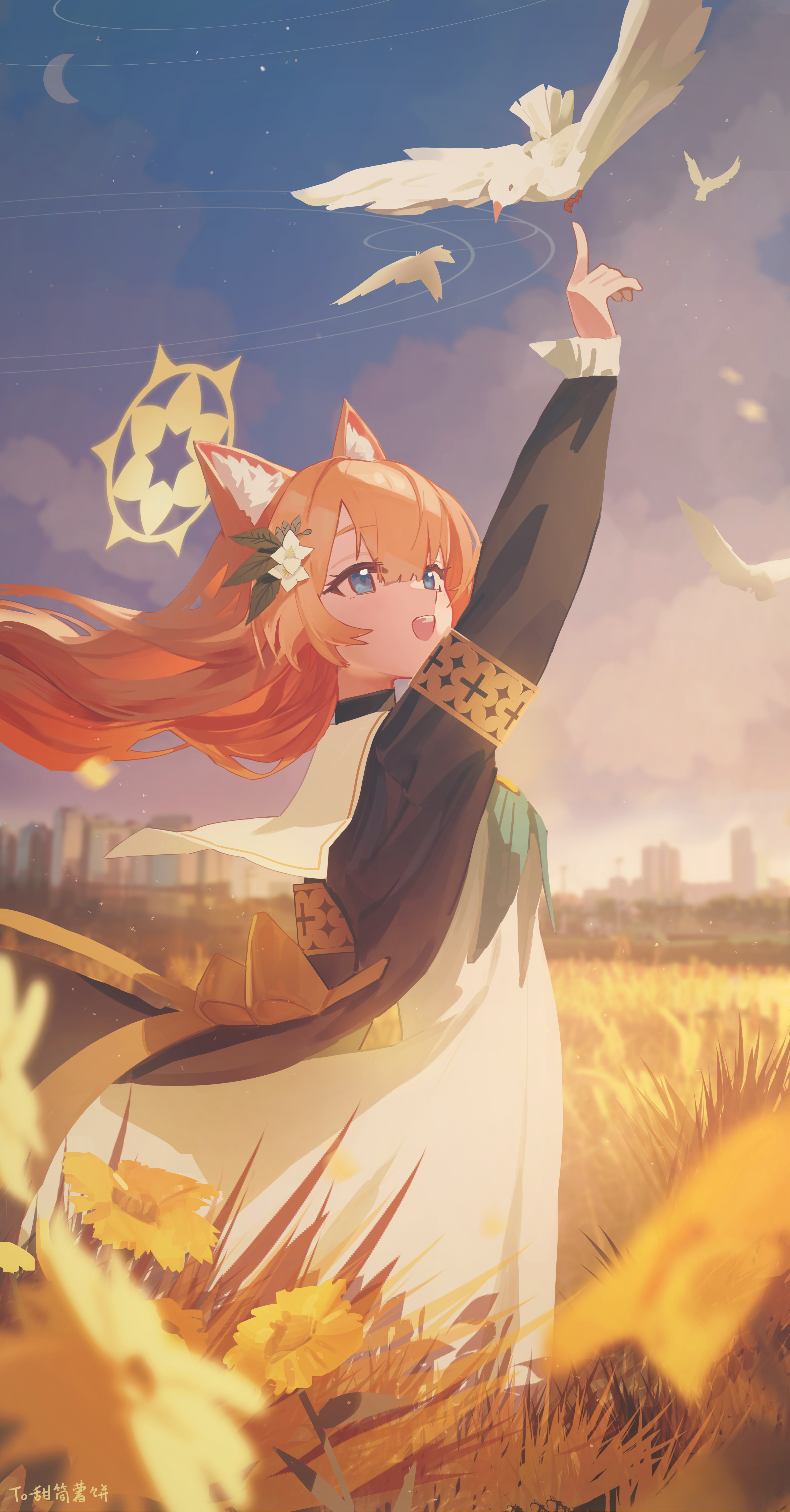rescat, mari (blue archive), blue archive, absurdres, highres, 1girl, animal ear fluff, animal ears, bird, black jacket, blue eyes, blue neckerchief, cat ears, cat girl, collar, dress, field, flower, hair between eyes, hair flower, hair ornament, halo, jacket, long hair, looking at animal, neckerchief, open mouth, orange hair, sidelocks, skyline, solo, teeth, upper teeth only, white collar, white dress, white flower, yellow halo