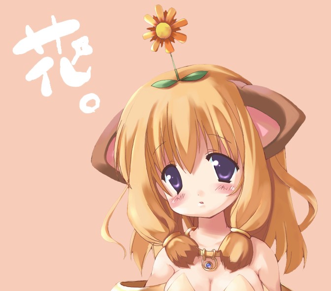 dancer (ragnarok online), ragnarok online, 1girl, animal ears, blush, cat ears, female focus, flower, flowerhead, pink background, simple background, solo