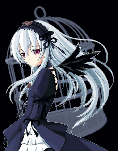 takami ryou, suigintou, rozen maiden, silver hair, 00s, 1girl, black background, female focus, purple eyes, solo, wings