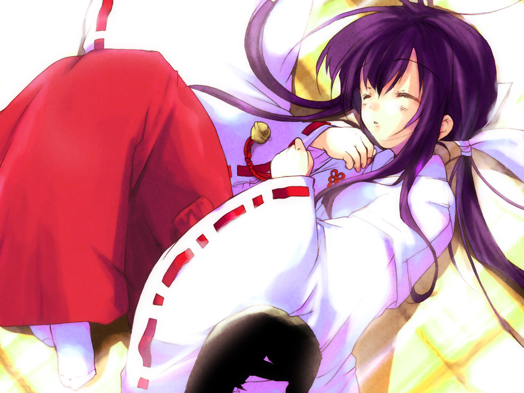 mikeou, 1girl, bell, closed eyes, female focus, hakama, hakama skirt, japanese clothes, jingle bell, miko, red hakama, ribbon-trimmed sleeves, ribbon trim, sidelocks, skirt, sleeping, sleepy, solo, tabi