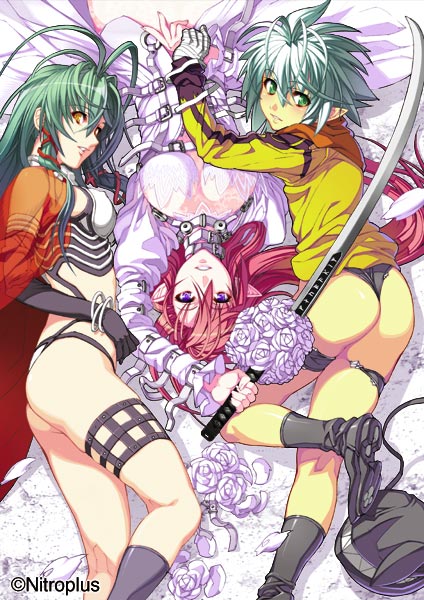 nishii (damnedrive), hanawa momiji, ignis (jingai makyou), kaze no ushiro wo ayumumono (kazeko), jingai makyou, nitroplus, 3girls, animal hat, antenna hair, ass, bandages, bed, black gloves, black panties, boots, bouquet, bracelet, breasts, cape, cleavage, denim, denim shorts, dress, elbow gloves, flower, from above, gloves, green eyes, green hair, hair ribbon, hat, holding hands, jewelry, kneepits, large breasts, legs, long hair, looking back, lying, multiple girls, on back, on side, on stomach, panties, pointy ears, purple eyes, red hair, ribbon, rose, see-through clothes, shorts, smile, sword, thigh strap, thong, underwear, very long hair, weapon, wedding dress, white flower, white hair, white rose, yellow eyes