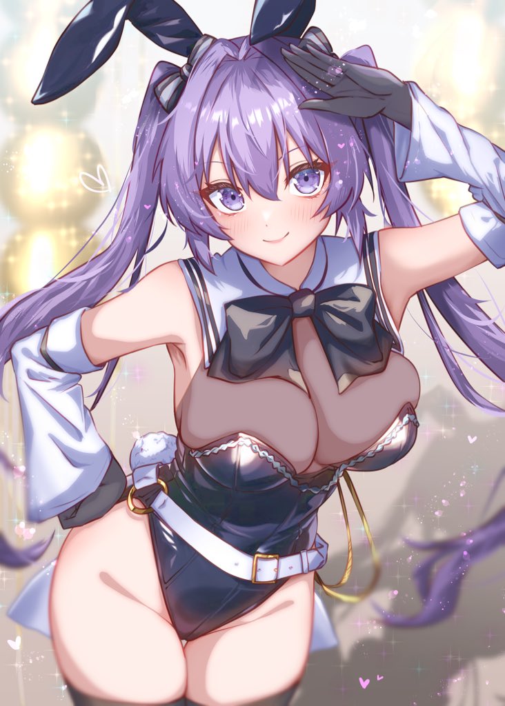 houji tea latte, sejima hiromu, assault lily, commentary request, 1girl, adapted costume, animal ears, arm up, bare shoulders, belt, black bow, black bowtie, black gloves, black leotard, black thighhighs, blurry, blurry background, blush, bodystocking, bow, bowtie, breasts, closed mouth, cowboy shot, depth of field, detached collar, detached sleeves, fake animal ears, fake tail, gloves, gradient background, grey background, grey bow, groin, hair between eyes, hair bow, hair intakes, hand on own hip, heart, highleg, highleg leotard, large breasts, leaning forward, leotard, long hair, long sleeves, o-ring, o-ring belt, playboy bunny, purple eyes, purple hair, rabbit ears, rabbit tail, salute, shadow, smile, solo, sparkle, standing, strapless, strapless leotard, symbol-shaped pupils, tail, thigh gap, thighhighs, twintails, two-tone bow, very long hair, white belt, wide sleeves