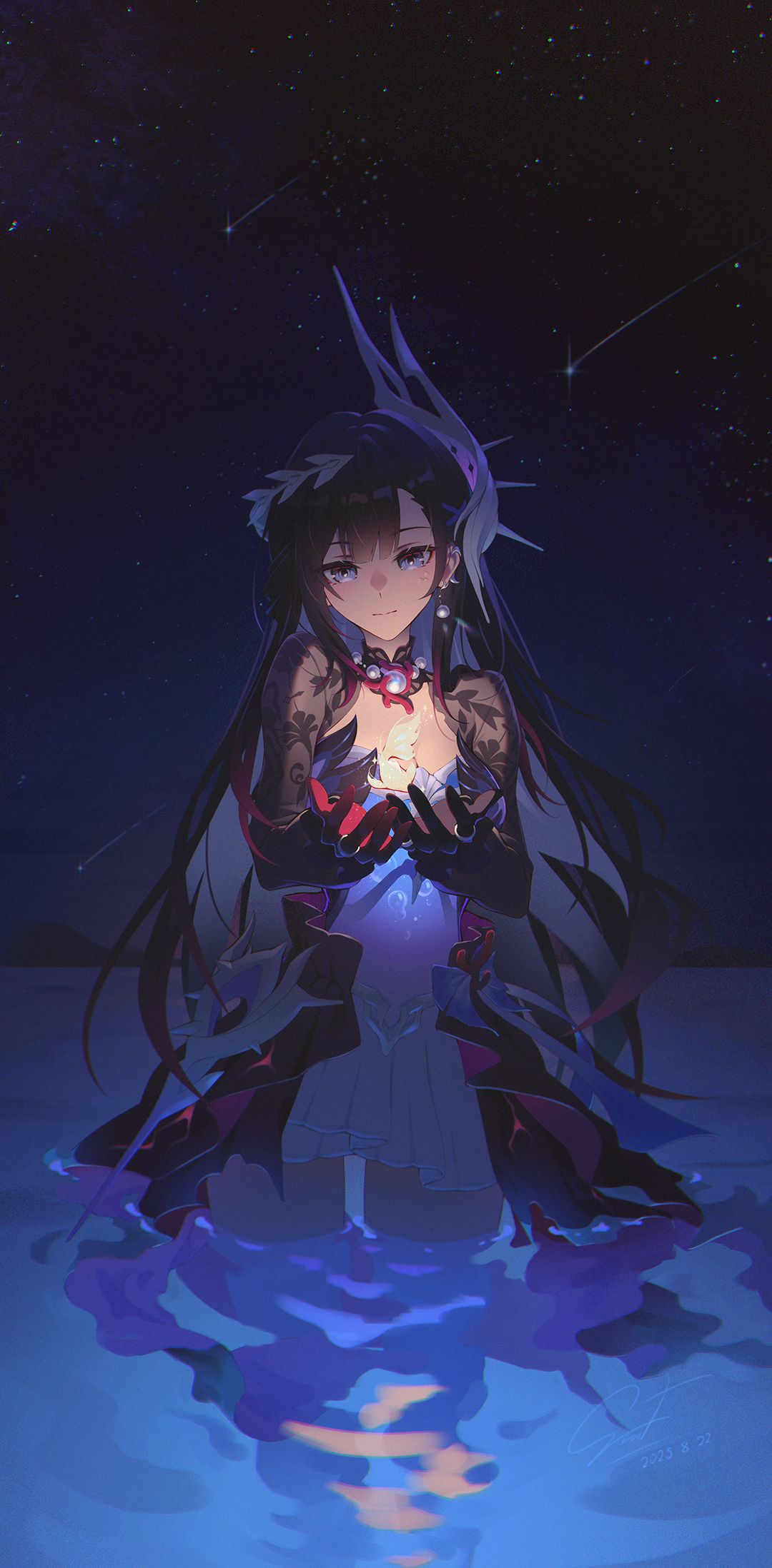 holz, hysilens (honkai: star rail), honkai: star rail, honkai (series), commentary, highres, 1girl, asymmetrical gloves, black gloves, black hair, black shrug, blue eyes, blue hair, closed mouth, colored inner hair, colored tips, dress, earclip, fish, gloves, hair ornament, hands up, koi, long hair, long sleeves, looking at viewer, mismatched gloves, multicolored hair, night, night sky, purple dress, red gloves, scales, see-through body, shooting star, shrug (clothing), skirt, sky, smile, solo, very long hair, wading, white skirt