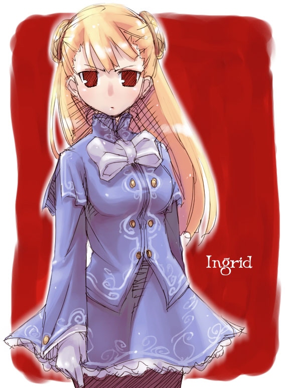 ingrid (capcom), capcom, capcom fighting jam, 1girl, blonde hair, bow, dress, female focus, gloves, hairpods, long hair, pantyhose, red eyes, solo