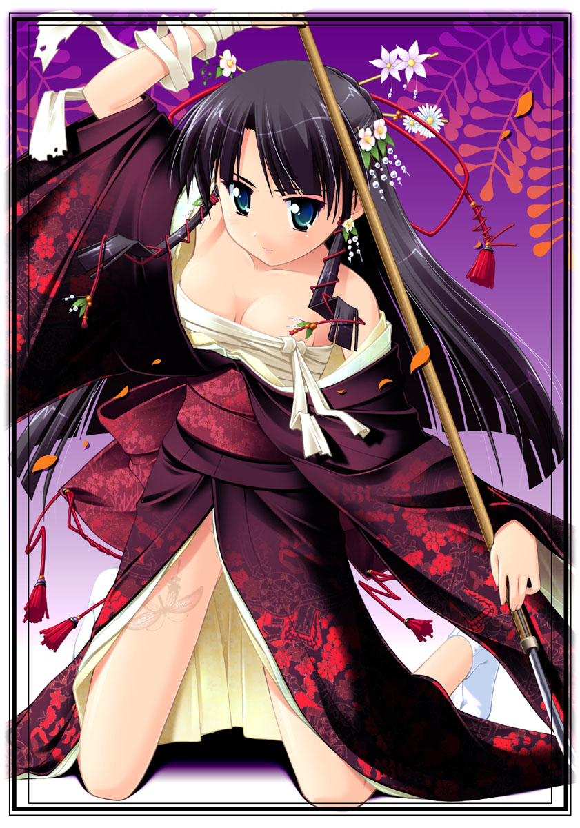 simk, yamabuki zarame, original, highres, 1girl, black hair, blue eyes, female focus, flower, hair flower, hair ornament, japanese clothes, long hair, polearm, sarashi, sidelocks, solo, tattoo, weapon