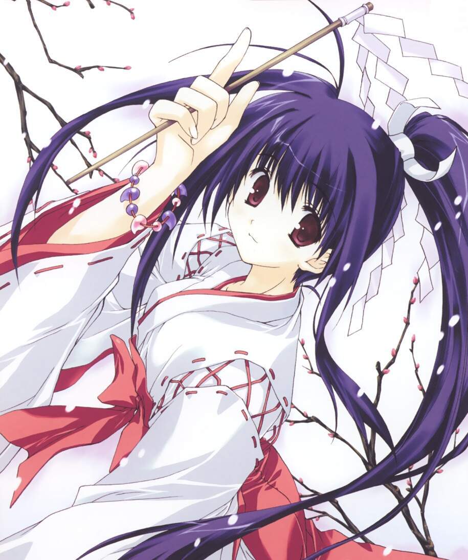 mitsumi misato, 1girl, bracelet, cross-laced clothes, female focus, gohei, hakama, hakama skirt, holding, japanese clothes, jewelry, long hair, long sleeves, looking at viewer, magatama, miko, oonusa, purple hair, red eyes, red hakama, ribbon-trimmed sleeves, ribbon trim, sidelocks, skirt, snow, snowing, solo, twintails