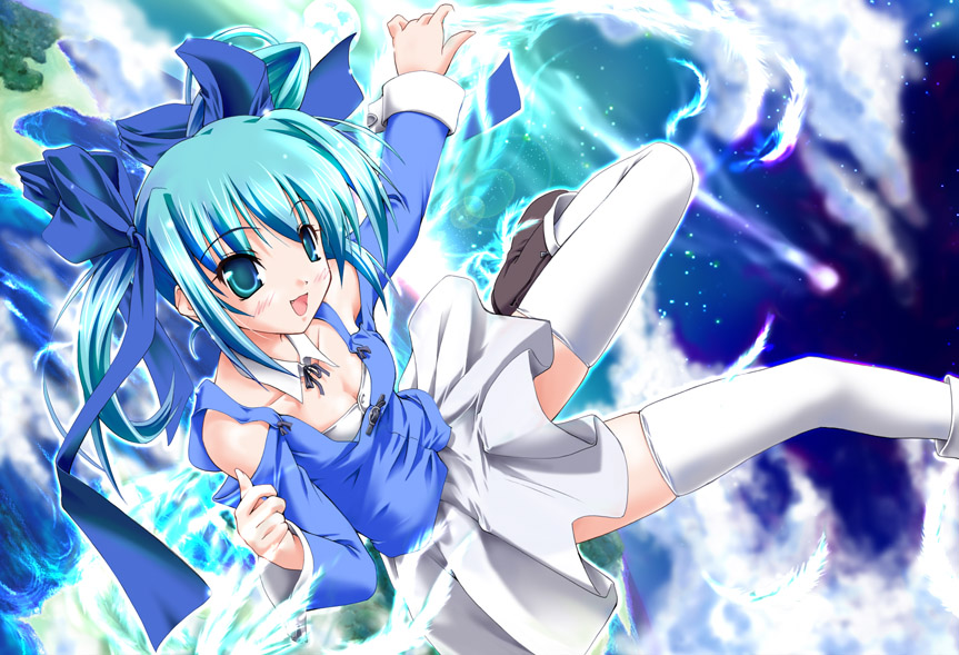 onsokuzekuu, 1girl, :d, bare shoulders, blue eyes, blue hair, blush, bow, female focus, matching hair/eyes, open mouth, ribbon, skirt, smile, solo, thighhighs, twintails, zettai ryouiki
