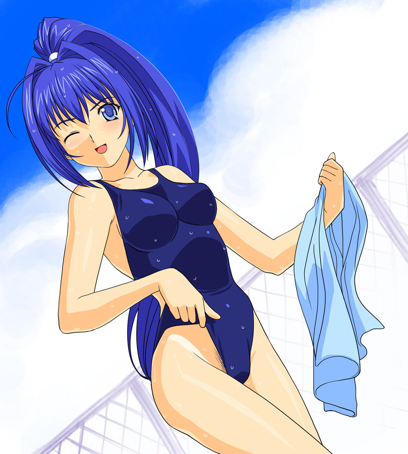 hayase mitsuki, kimi ga nozomu eien, a1, 00s, 1girl, blue eyes, blue hair, chain-link fence, dutch angle, female pubic hair, fence, long hair, matching hair/eyes, one-piece swimsuit, one-piece tan, one eye closed, ponytail, pubic hair, school swimsuit, solo, swimsuit, tan, tanline, towel, wet, wink