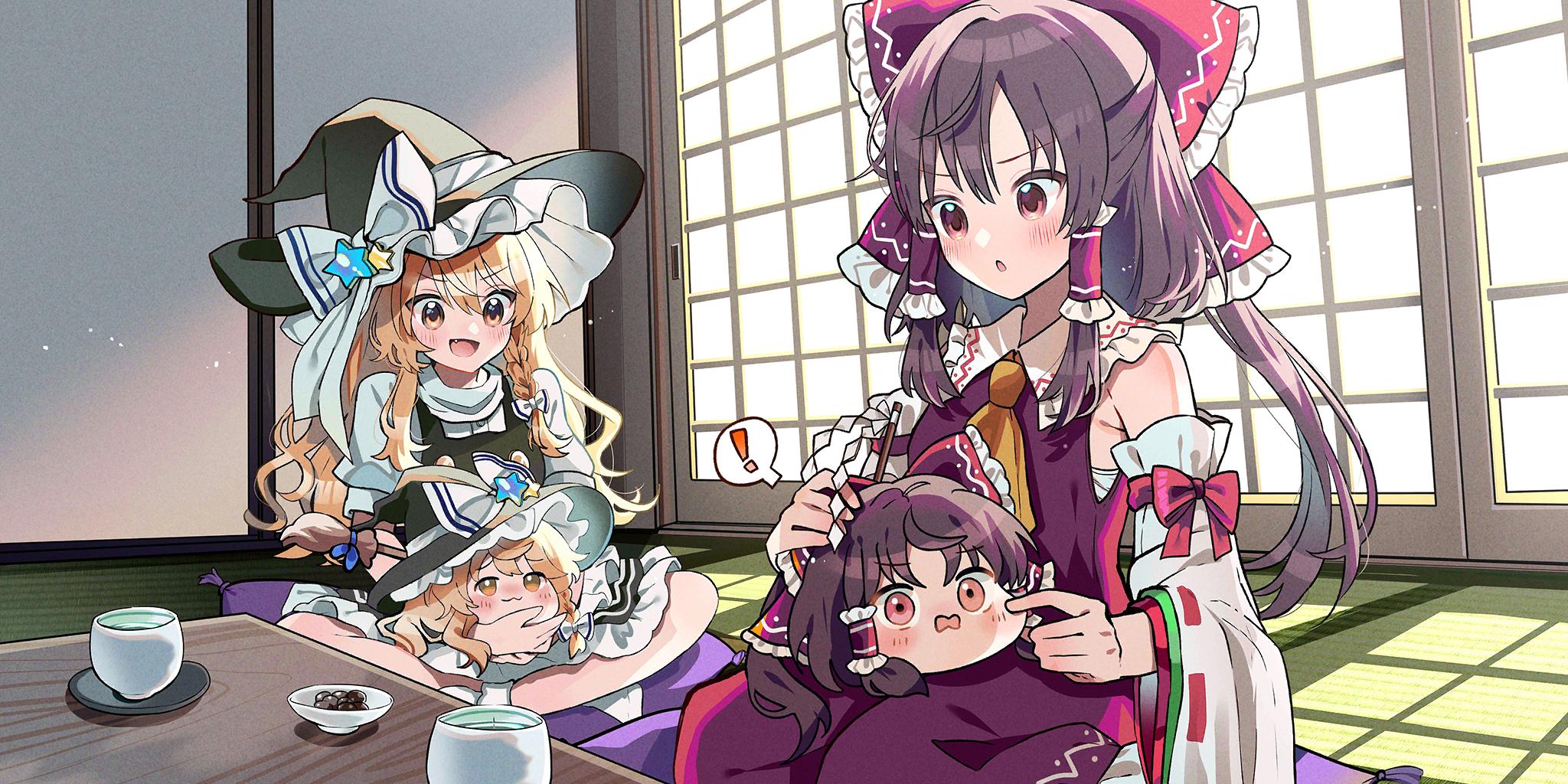 tamagogayu1998, hakurei reimu, kirisame marisa, touhou, touhou lostword, game cg, highres, official art, third-party source, !, 2girls, ascot, black hat, black vest, blonde hair, blush, bow, braid, brown eyes, brown hair, cup, cushion, detached sleeves, frilled bow, frilled hair tubes, frills, gohei, hair bow, hair tubes, hat, hat bow, hat ornament, indoors, long hair, multiple girls, open mouth, red bow, red skirt, ribbon-trimmed sleeves, ribbon trim, shouji, side braid, single braid, sitting, skirt, skirt set, sliding doors, smile, spoken exclamation mark, star (symbol), star hat ornament, tatami, very long hair, vest, white bow, witch hat, yellow ascot, yellow eyes, yukkuri shiteitte ne, yunomi, zabuton