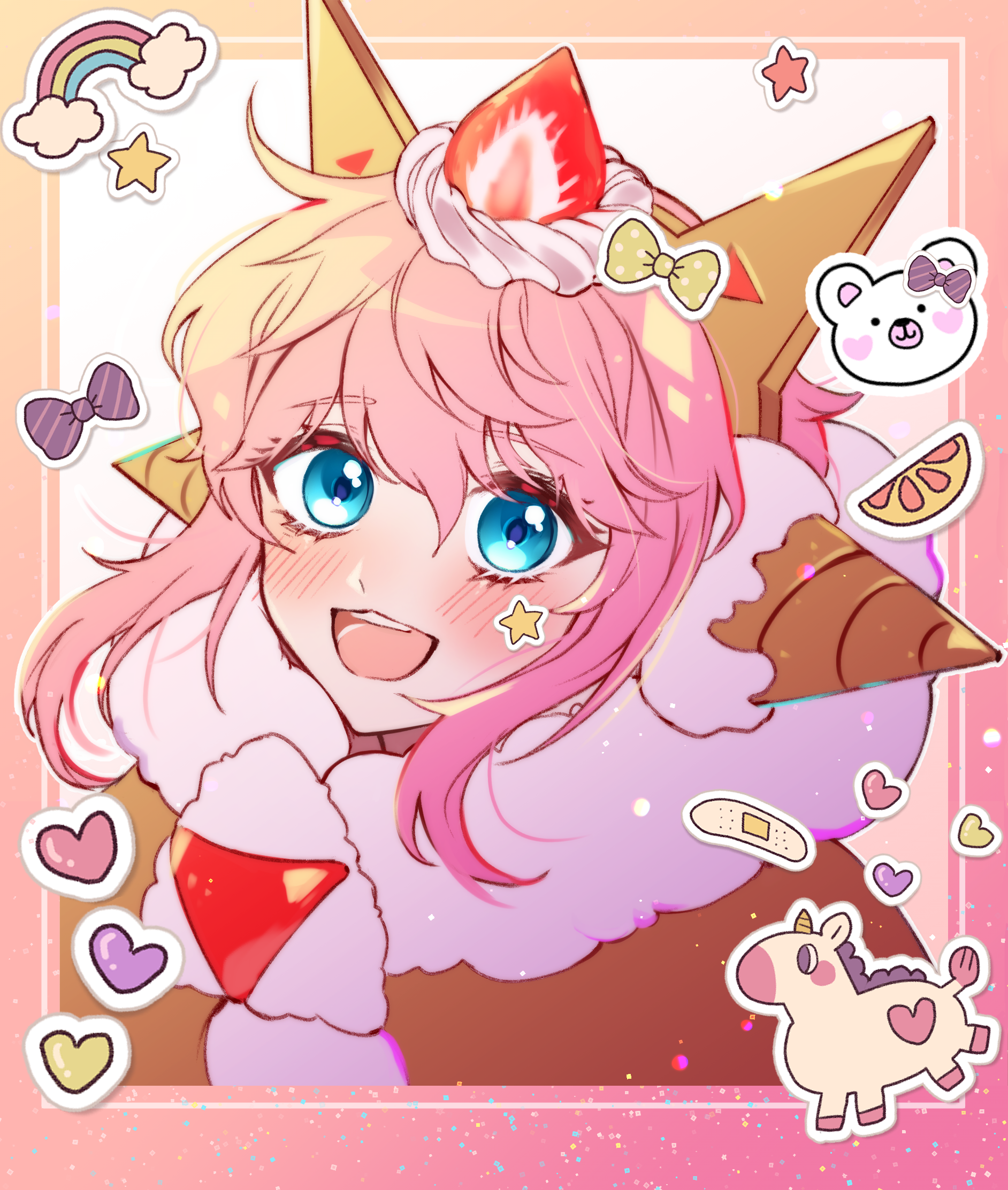 rimo (wjdtndusk), strawberry crepe cookie, cookie run, cookie run: kingdom, commentary, highres, symbol-only commentary, 1other, :3, :d, bandaid, blue eyes, blush, border, bow, brown cloak, cloak, food, food-themed hair ornament, from above, fruit, fur-trimmed cloak, fur trim, gradient border, hair between eyes, hair ornament, hairband, heart, humanization, medium hair, open mouth, orange (fruit), orange border, orange slice, other focus, outline, pink border, pink hair, polka dot, polka dot bow, portrait, purple bow, sidelocks, simple background, smile, solo, spiked hairband, spikes, star (symbol), strawberry hair ornament, teeth, tongue, upper teeth only, white background, white outline, yellow bow, yellow hairband
