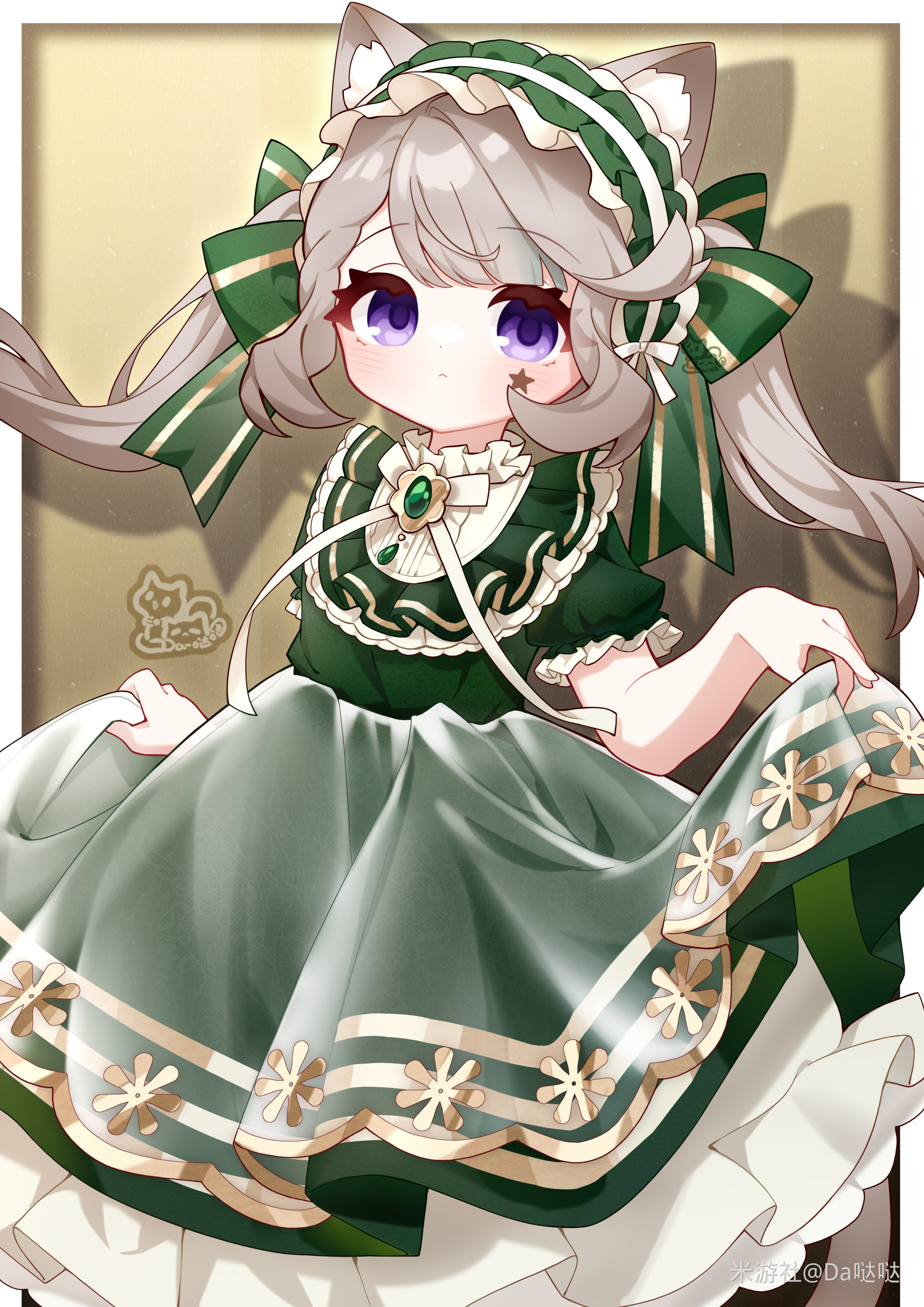 lynette (genshin impact), genshin impact, absurdres, highres, 1girl, alternate costume, alternate hairstyle, animal ear fluff, animal ears, blush, bonnet, bow, braid, braided bangs, cat ears, cat girl, cat tail, closed mouth, da dada, dress, facial mark, frilled dress, frills, green bow, green dress, grey hair, hair bow, hairband, lolita fashion, long hair, looking at viewer, miyoushe watermark, puffy short sleeves, puffy sleeves, purple eyes, short sleeves, skirt hold, solo, star (symbol), star facial mark, striped bow, tail, twintails, watermark