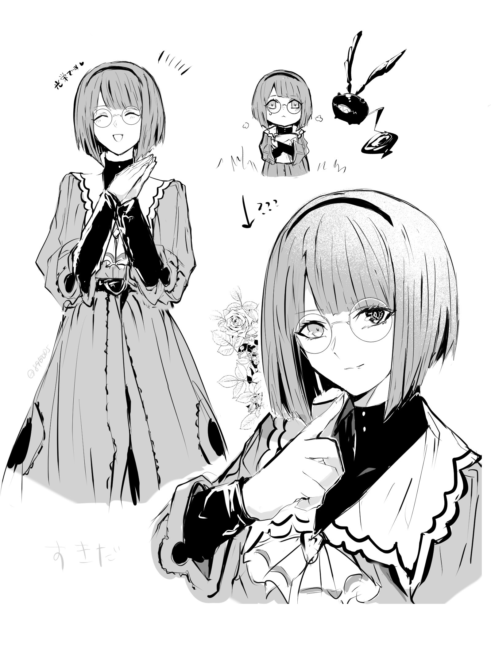 sodamachi, d.gray-man, highres, 1girl, belt, black shirt, bob cut, closed eyes, creature, dress, facing viewer, flower, frilled dress, frills, glasses, golem (d.gray-man), greyscale, hairband, heterochromia, holding, horns, hugging object, long dress, long sleeves, looking at viewer, lucia (d.gray-man), monochrome, open mouth, own hands together, pointing, pointing at self, round eyewear, sharp teeth, shirt, short hair, simple background, smile, solo, sweat, sweatdrop, tail, teeth, turtleneck, turtleneck shirt, ur-canpy, waistband, white background, wings
