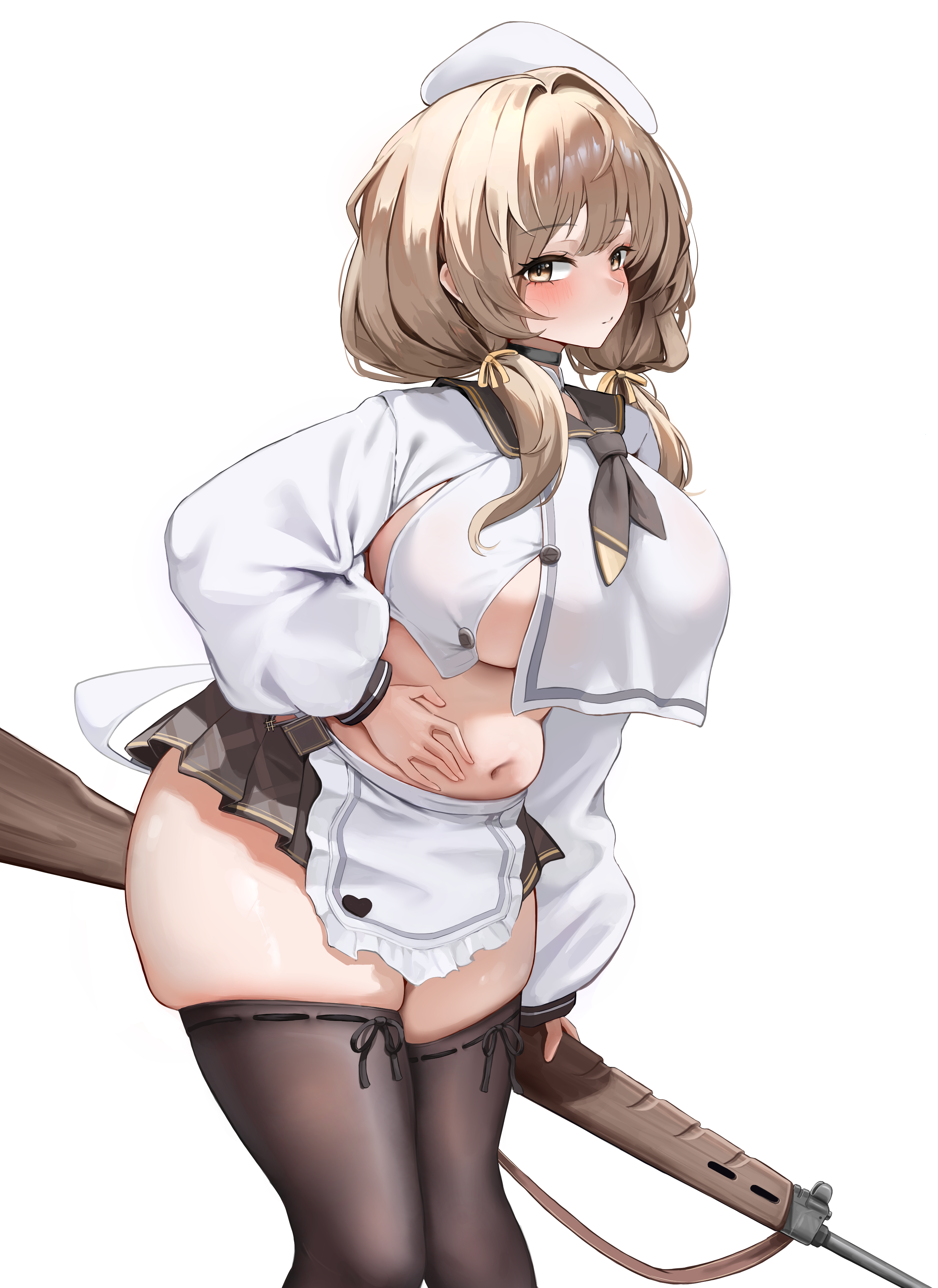 usagol7, bready (nikke), goddess of victory: nikke, absurdres, highres, 1girl, black skirt, black thighhighs, blush, breasts, brown eyes, brown hair, closed mouth, gun, hand on own stomach, holding, holding gun, holding weapon, large breasts, long sleeves, looking at viewer, medium hair, pleated skirt, plump, simple background, skirt, solo, standing, stomach, thighhighs, thighs, weapon, white background