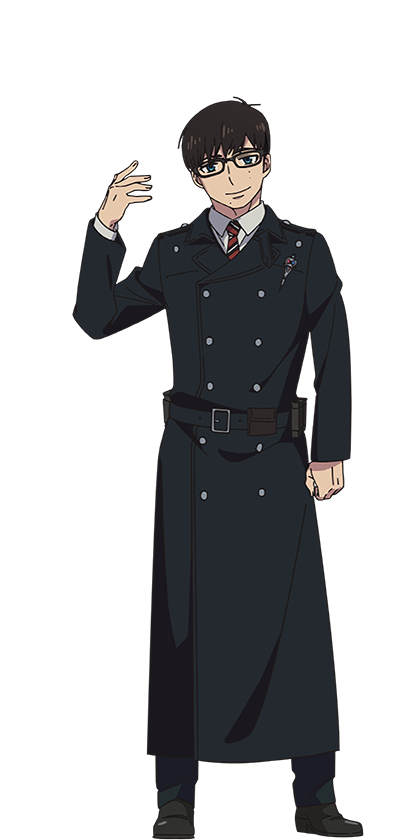 oohigashi yurie, okumura yukio, ao no exorcist, official art, 1boy, anime coloring, belt, belt pouch, black belt, black coat, black hair, black pants, blue eyes, clenched hands, closed mouth, coat, collared shirt, dress shoes, full body, glasses, hand up, head tilt, long sleeves, looking at viewer, mole, mole under eye, mole under mouth, multiple moles, necktie, open hand, pants, pouch, shirt, short hair, simple background, smile, solo, standing, striped necktie, transparent background, white shirt