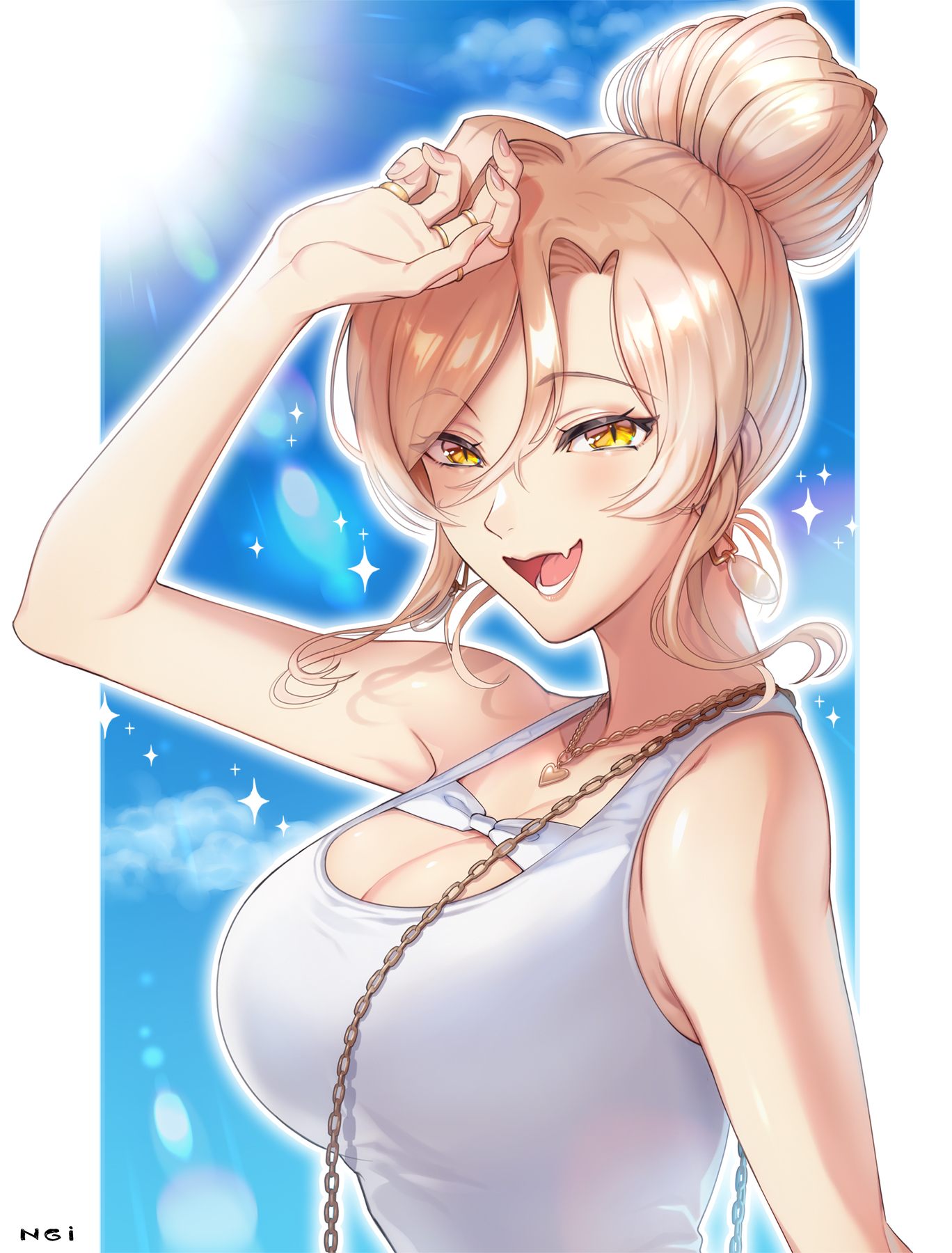 ngi kta, nui sociere, nijisanji, highres, 1girl, arm up, blonde hair, breasts, collarbone, earrings, fang, hair between eyes, hair bun, jewelry, large breasts, looking at viewer, multiple rings, necklace, open mouth, pillarboxed, ring, shirt, single hair bun, skin fang, slit pupils, solo, sparkle, upper body, virtual youtuber, white shirt