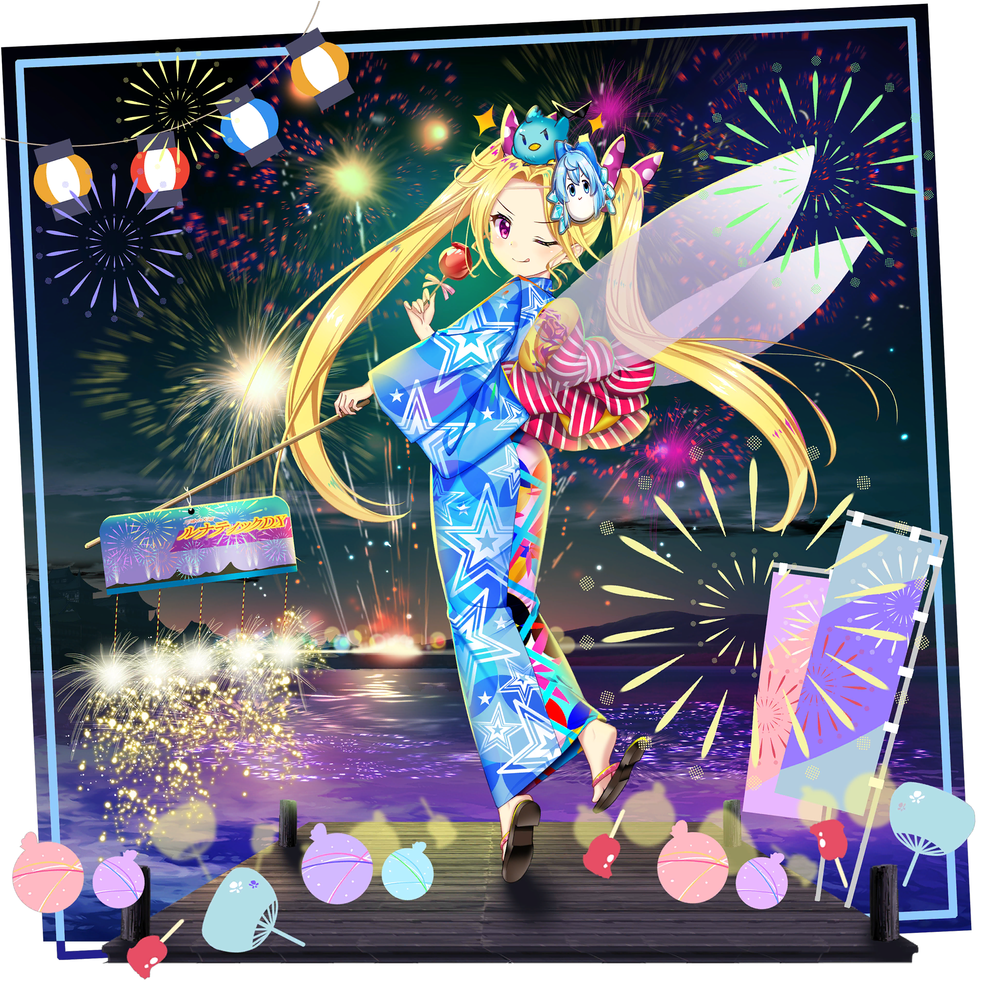 rotte (1109), cirno, clownpiece, touhou, touhou lostword, game cg, highres, official art, third-party source, translation request, 1girl, ;q, aerial fireworks, alternate costume, alternate hairstyle, animal, animal on head, bird, bird on head, blonde hair, blue bird, blue kimono, candy apple, character mask, closed mouth, fairy, fairy wings, fireworks, food, full body, hand fan, holding, holding candy apple, holding food, japanese clothes, kimono, mask, mask on head, on head, one eye closed, pier, pink eyes, sandals, smile, solo, tongue, tongue out, transparent background, twintails, water, wings, yukata, yukkuri shiteitte ne
