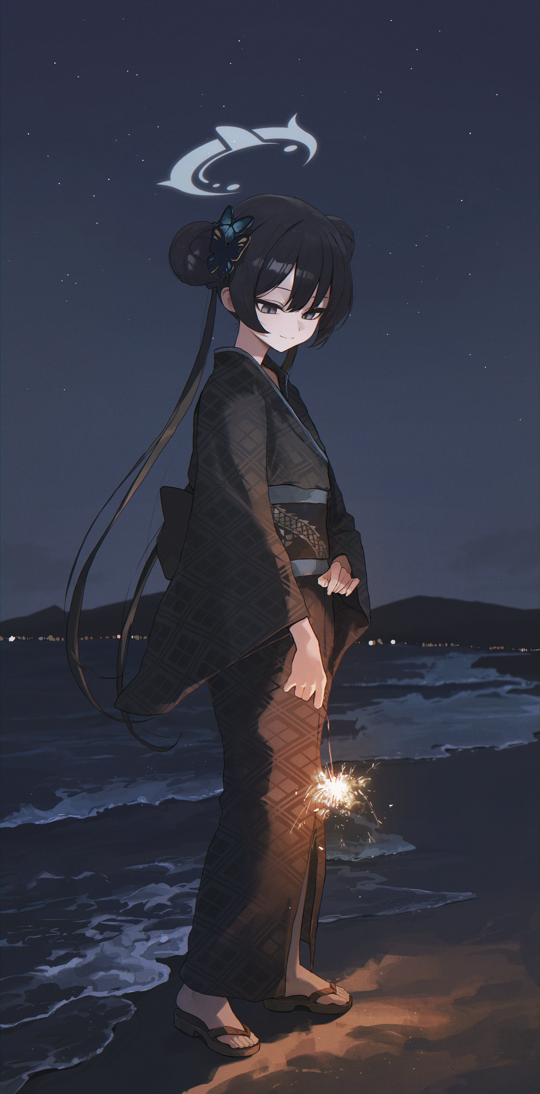 toi1et paper, kisaki (blue archive), blue archive, absurdres, commentary request, highres, 1girl, beach, black hair, black kimono, black sash, closed mouth, double bun, full body, grey eyes, grey halo, hair bun, halo, holding, holding fireworks, japanese clothes, kimono, long hair, mountain, obi, ocean, outdoors, sandals, sash, smile, solo, standing, twintails, wide sleeves