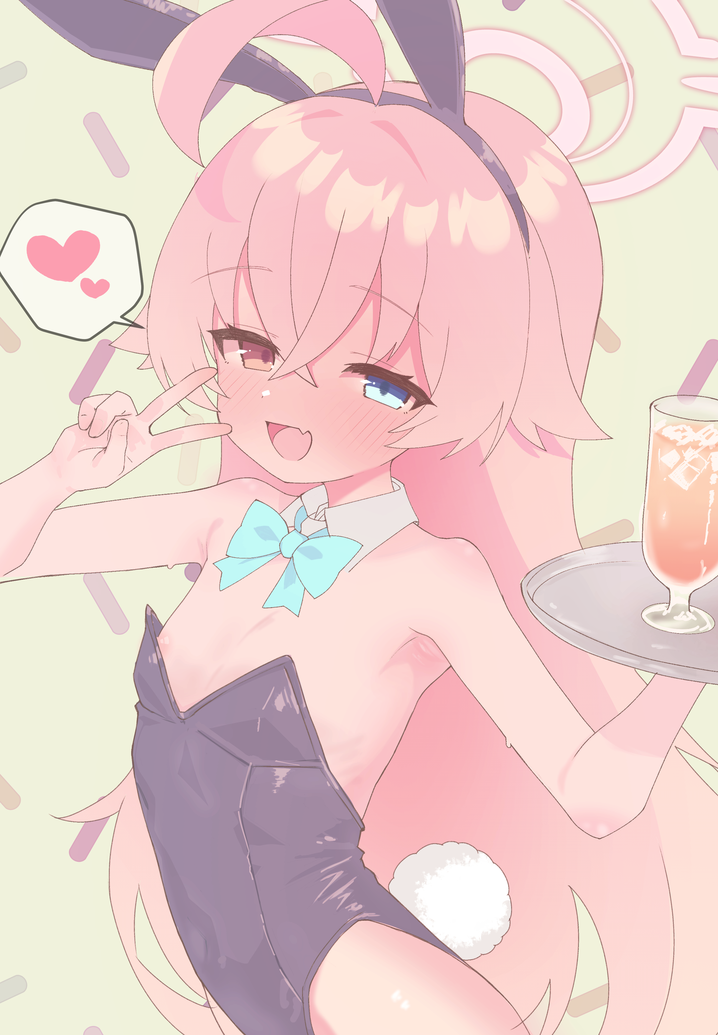 ks aya (gztm4838), hoshino (blue archive), blue archive, absurdres, commentary request, highres, partial commentary, 1girl, :d, ahoge, animal ear hairband, animal ears, areola slip, bare shoulders, black leotard, blue bow, blue bowtie, blue eyes, bow, bowtie, brown eyes, crossed bangs, detached collar, fake animal ears, fake tail, fang, flat chest, green background, hairband, halo, heart, heterochromia, holding, holding tray, leotard, long hair, looking at viewer, open mouth, pink hair, pink halo, playboy bunny, rabbit ear hairband, rabbit ears, rabbit tail, simple background, skin fang, smile, solo, speech bubble, spoken blush, spoken heart, strapless, strapless leotard, tail, tray, upper body, v, wavy eyes