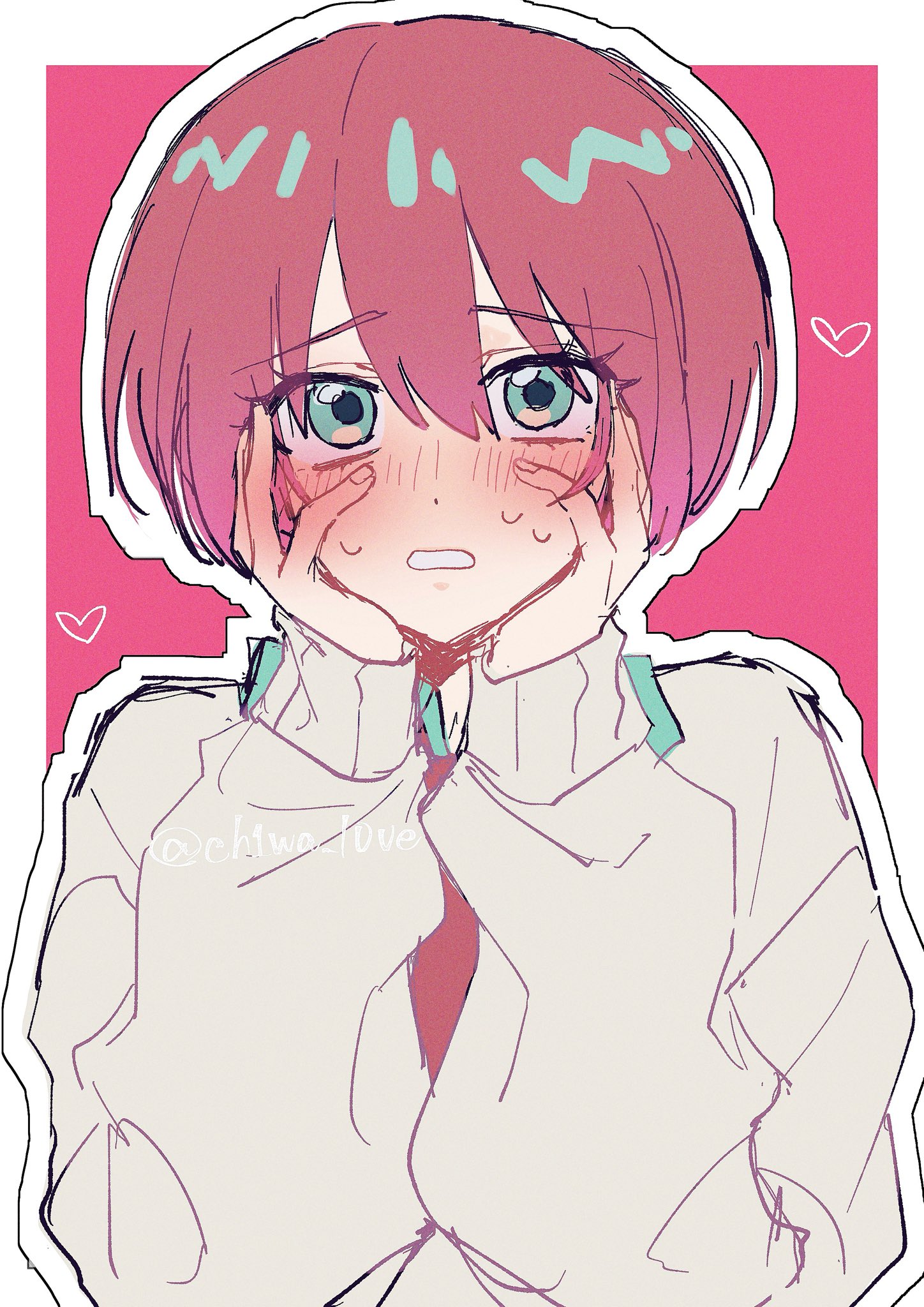 amate yuzuriha, gundam, gundam gquuuuuux, highres, 1girl, after kiss, aqua eyes, aqua shirt, blush, ch1wa l0ve, hand on own face, heart, holding, long sleeves, looking at viewer, necktie, open mouth, red hair, school uniform, shirt, short hair, solo, sweatdrop, sweater, upper body