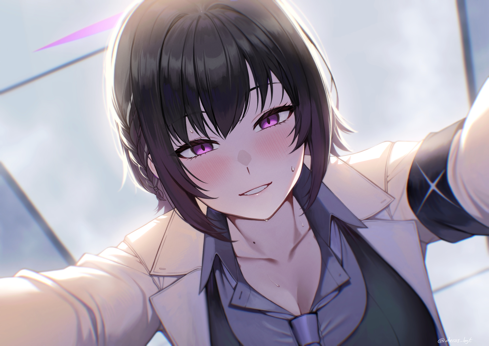 deras, blue archive, highres, 1girl, black hair, black vest, blush, breasts, cleavage, girl on top, grey shirt, halo, jacket, necktie, parted lips, pov, purple eyes, purple halo, purple necktie, shirt, short hair, short haired arius student (blue archive), sidelocks, smile, solo, sweatdrop, upper body, vest, white jacket