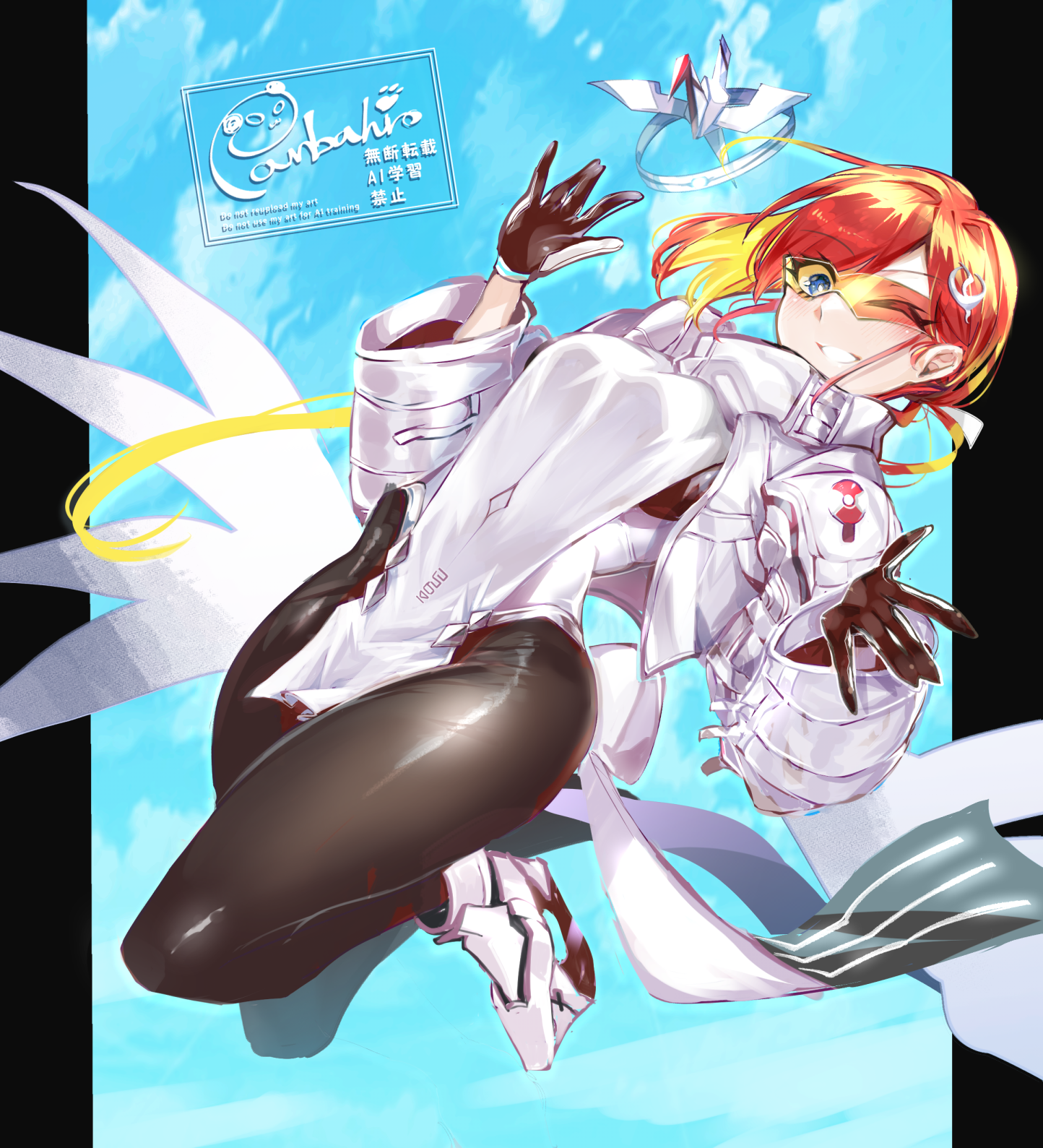 panda=hiro, miss crane (fate), fate/grand order, fate (series), highres, 1girl, black bodysuit, black gloves, blue eyes, blush, bodysuit, breasts, gloves, goggles, grin, hair ornament, jacket, jeunesse crane (third ascension) (fate), long hair, long sleeves, looking at viewer, medium breasts, multicolored hair, one eye closed, orange hair, pelvic curtain, ponytail, red hair, smile, solo, tabard, two-tone gloves, two-tone hair, white gloves, white jacket, winged sleeves