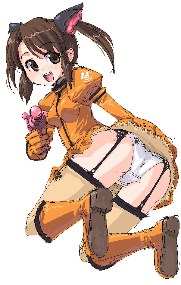 onija tarou, original, 1girl, animal ears, boots, cat ears, dress, female focus, full body, garter belt, garter straps, lingerie, oekaki, orange boots, orange skirt, panties, pantyshot, simple background, skirt, solo, teeth, thighhighs, underwear, upper teeth only, upskirt, white background, white panties