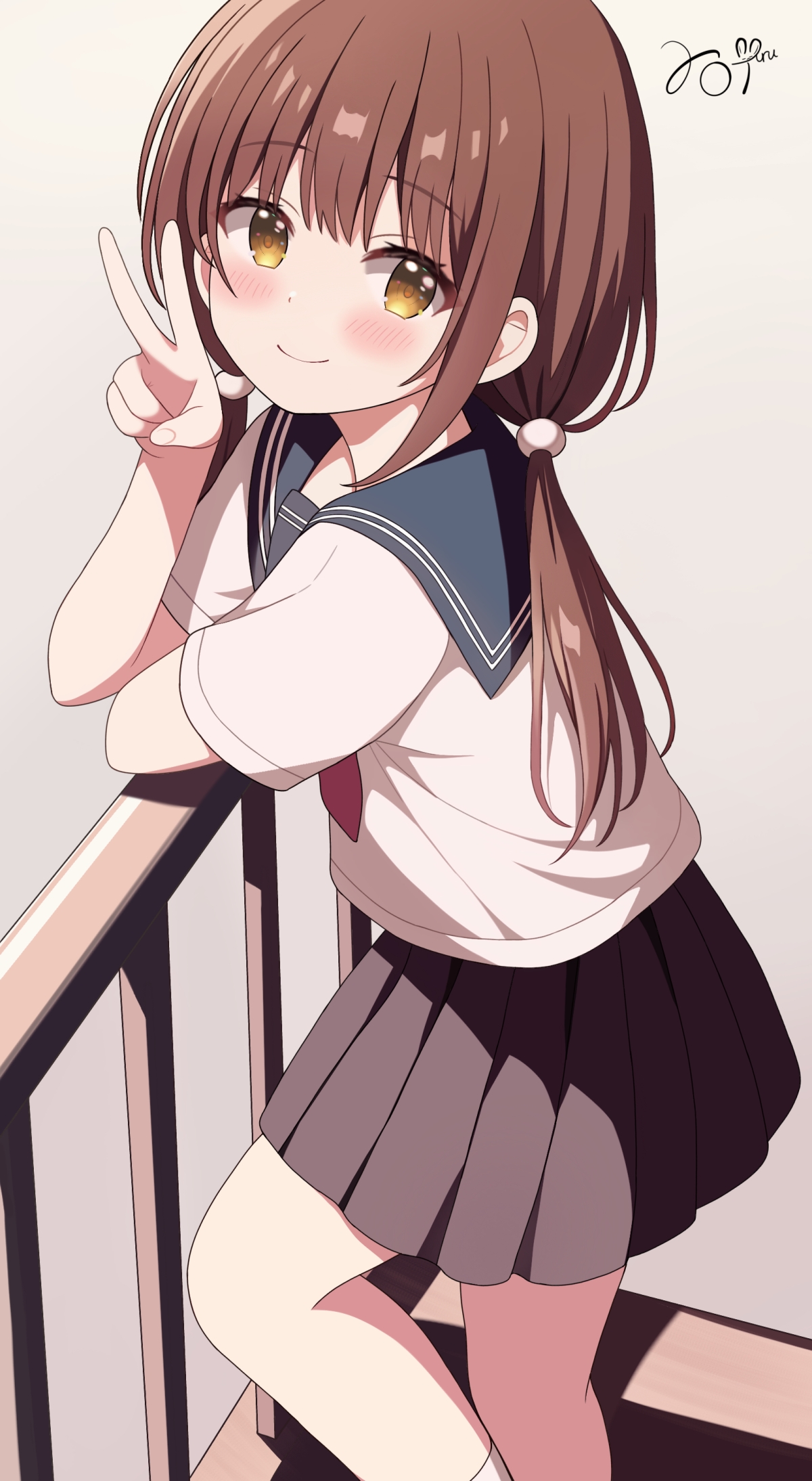 uru aoi23, original, commentary request, highres, 1girl, blue sailor collar, blush, brown hair, brown skirt, closed mouth, feet out of frame, long hair, looking at viewer, low twintails, neckerchief, pleated skirt, red neckerchief, sailor collar, school uniform, serafuku, shirt, short sleeves, skirt, smile, solo, standing, twintails, white shirt, yellow eyes