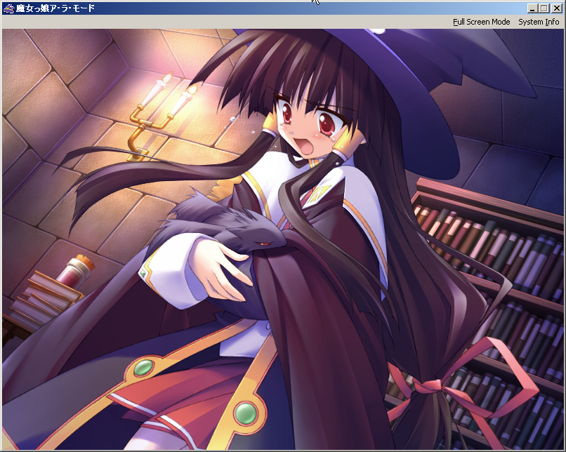 komatsu eiji, cauldron (majokko), rydia arsenal, majokko a la mode, microsoft windows, windows 2000, windows classic, screencap, game cg, 1girl, cauldron, dragon, female focus, long hair, long sleeves, pantyhose, solo, very long hair, window (computing), witch