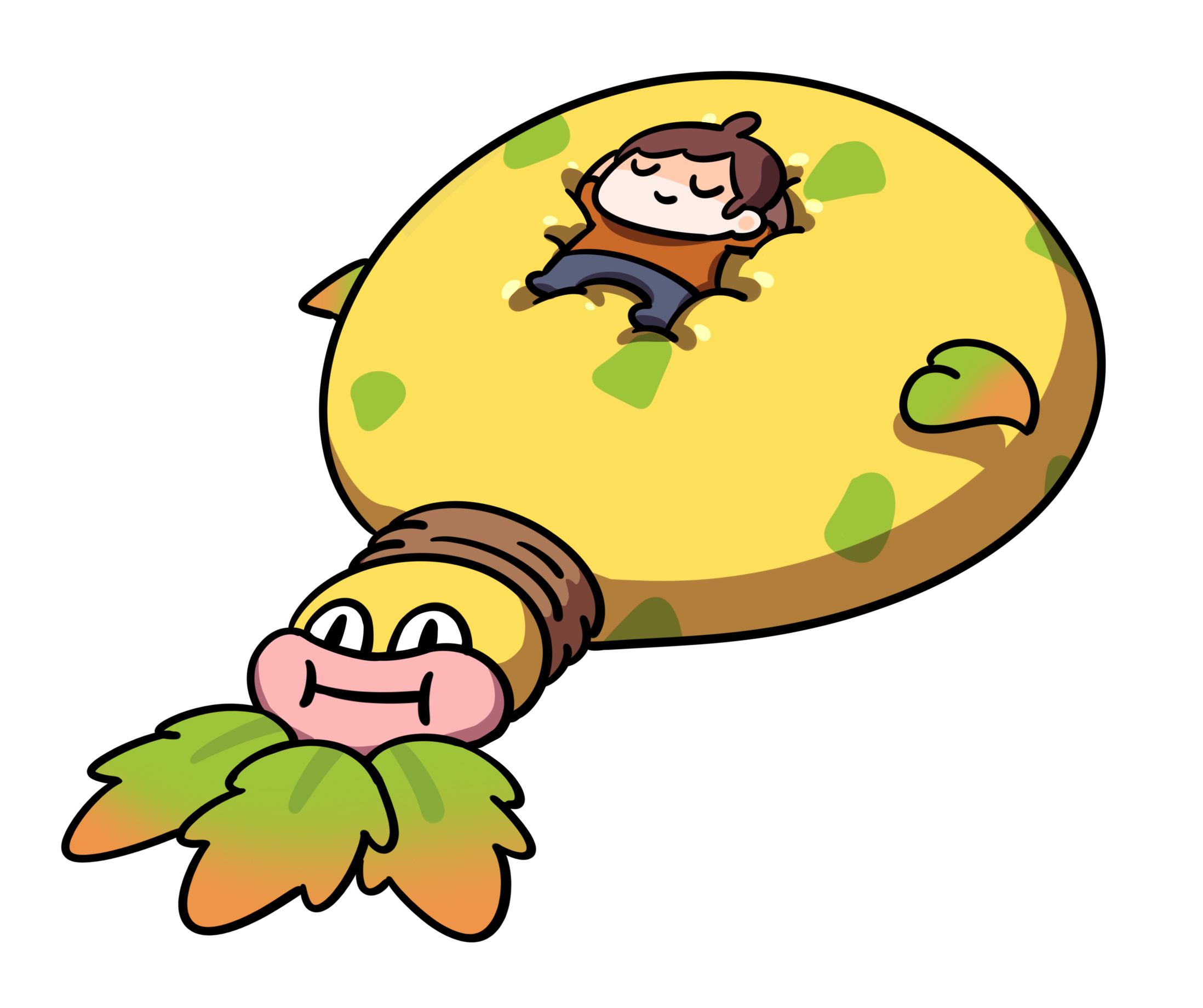 keenbiscuit, mega victreebel, victreebel, nintendo, pokemon, relaxing, highres, 1boy, black eyes, brown hair, closed eyes, closed mouth, full body, gen 1 pokemon, leaf, mega pokemon, pink lips, plant, pokemon (creature), short hair, vines, white background