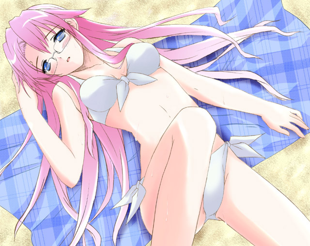 yoi (yoihome), aty, aty (summon night), summon night, summon night 3, 1girl, bikini, blue eyes, female focus, glasses, long hair, lying, pink hair, solo, swimsuit, white bikini