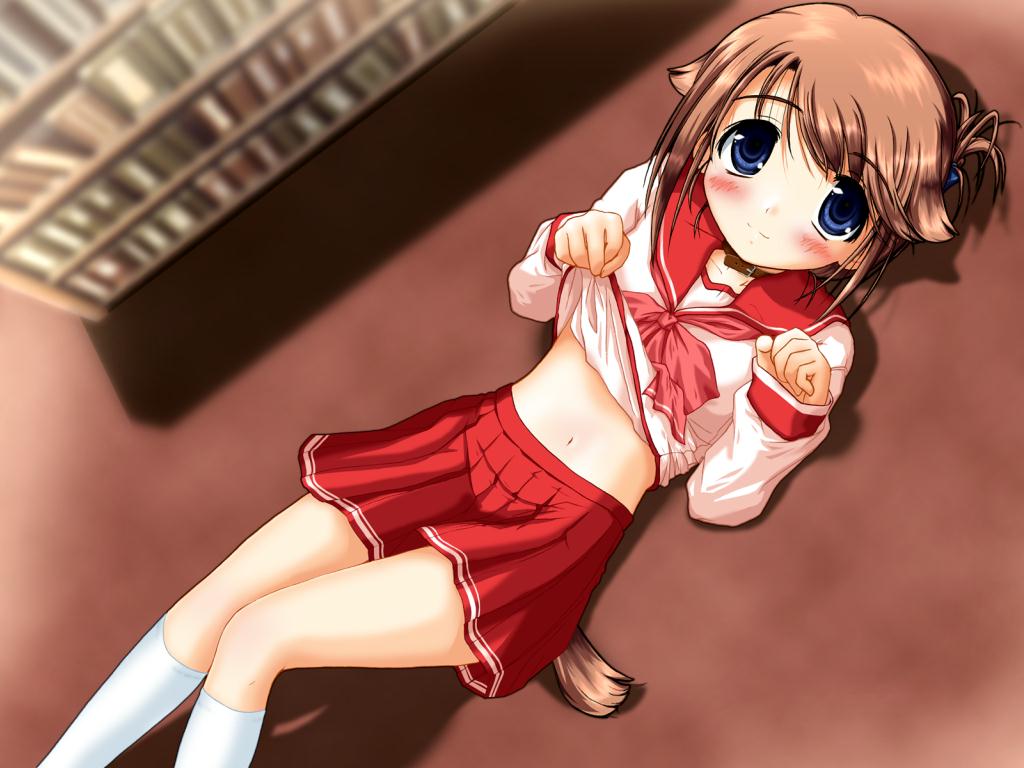 komaki manaka, to heart (series), to heart 2, 00s, 1girl, animal ears, clothes lift, dog ears, female focus, folded ponytail, pleated skirt, school uniform, serafuku, shirt lift, skirt, solo
