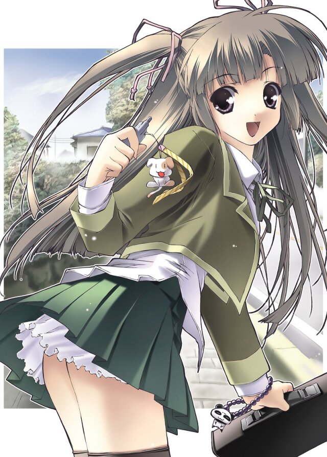 shintarou, 1girl, :d, bag, cellphone, dog, female focus, grey eyes, grey hair, leaning forward, long hair, looking at viewer, open mouth, panda, phone, pleated skirt, purple eyes, school bag, school uniform, serafuku, skirt, smile, solo, thighhighs