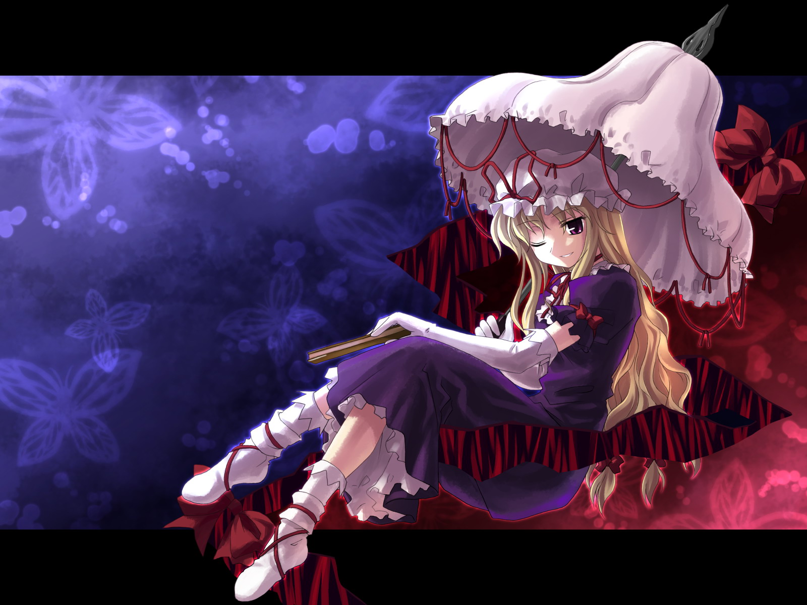 yuuki tatsuya, yakumo yukari, touhou, highres, 1girl, blonde hair, crossed legs, dress, elbow gloves, female focus, gap (touhou), gloves, looking at viewer, one eye closed, parasol, purple dress, sitting, socks, solo, umbrella, white gloves, white socks