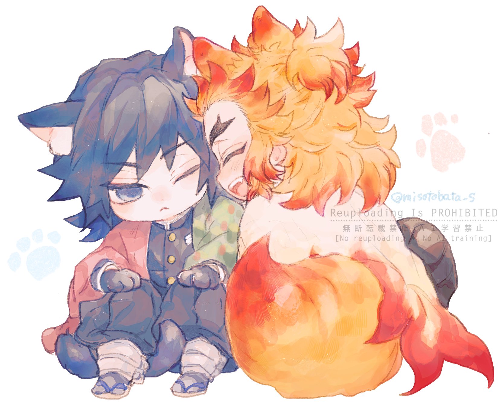 yarakuru, rengoku kyoujurou, tomioka giyuu, kimetsu no yaiba, highres, 2boys, animal ears, black hair, black pants, buttons, chibi, chibi only, closed mouth, demon slayer uniform, english text, full body, haori, japanese clothes, male focus, multiple boys, one eye closed, open mouth, orange hair, pants, sitting, spiked hair, tail, teeth, upper teeth only, watermark