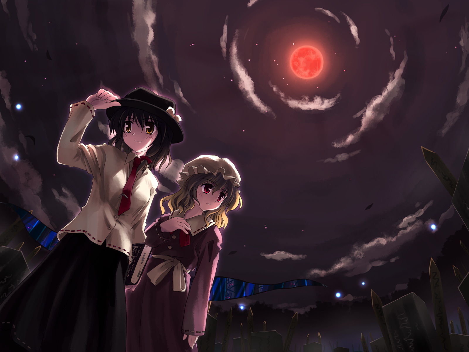 yuuki tatsuya, maribel hearn, usami renko, changeability of strange dream, ghostly field club, touhou, highres, 2girls, adjusting clothes, adjusting headwear, black hat, black skirt, blonde hair, book, bookmark, brown hair, buttons, cloud, collar, dress, female focus, full moon, gap (touhou), hand on own chest, hat, long sleeves, mob cap, moon, multiple girls, necktie, night, night sky, purple dress, red eyes, red moon, red necktie, red ribbon, ribbon, ribbon-trimmed collar, ribbon-trimmed shirt, ribbon-trimmed sleeves, ribbon trim, sash, shirt, short hair, skirt, sky, tie clip, tombstone, white collar, white hat, white ribbon, white shirt, yellow eyes