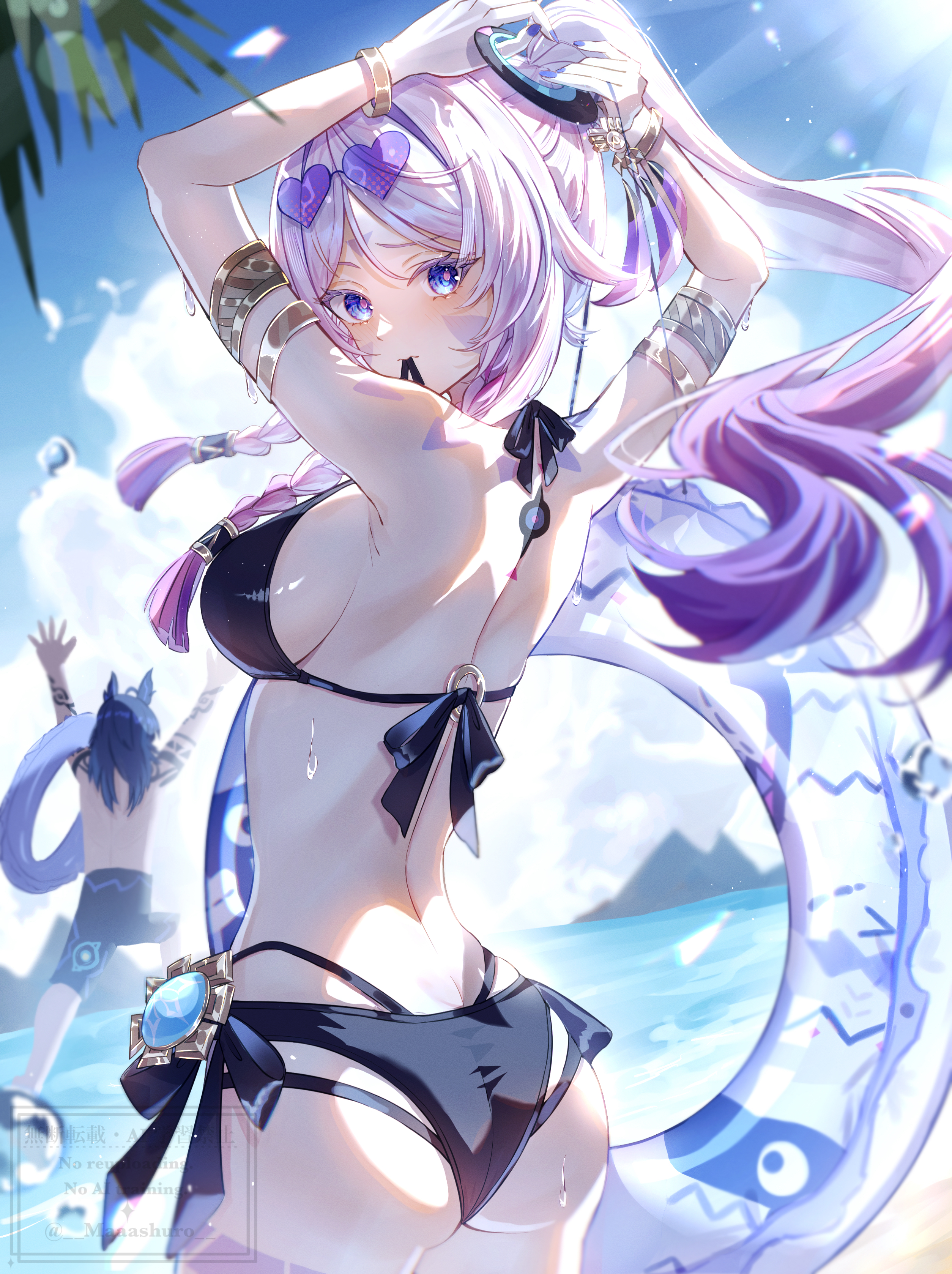 maaashuro, citlali (genshin impact), ororon (genshin impact), genshin impact, absurdres, commentary request, highres, partial commentary, 1boy, 1girl, alternate costume, alternate hairstyle, armlet, arms up, ass, back, bare shoulders, bikini, black bikini, black male swimwear, blue eyes, blue sky, blush, body markings, bracelet, braid, breasts, cowboy shot, cryo symbol (genshin impact), day, eyewear on head, facial mark, fingernails, forehead mark, from behind, gradient hair, hair ornament, halterneck, heart, heart-shaped eyewear, innertube, jewelry, long hair, looking at viewer, looking back, low twin braids, male swimwear, median furrow, medium breasts, mouth hold, multicolored hair, nail polish, ocean, outdoors, pink hair, pink pupils, ponytail, purple-tinted eyewear, purple hair, purple nails, shoulder blades, side-tie bikini bottom, sideboob, sky, sunglasses, swim ring, swimsuit, tinted eyewear, triangle, triangle facial mark, twin braids, tying hair, vision (genshin impact), wet