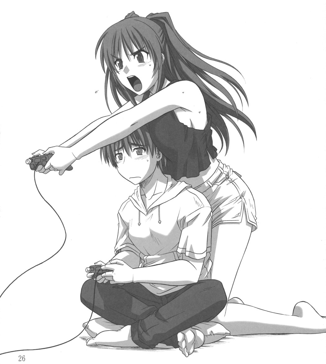 tsutsumi akari, kousaka tamaki, to heart (series), to heart 2, 00s, 1boy, 1girl, artistic error, blush, breast rest, breasts, breasts on head, controller, game console, game controller, gamepad, greyscale, monochrome, playing games, playstation 2, simple background, video game