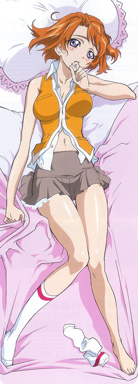 hisayuki hirokazu, tokiha mai, my-hime, highres, long image, tall image, 00s, 1girl, ahoge, bed, female focus, full body, kneehighs, miniskirt, open clothes, open shirt, orange shirt, shirt, skirt, socks, solo, white socks