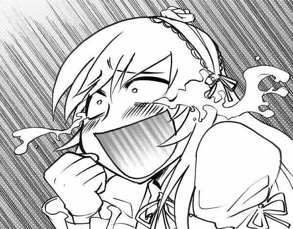 suigintou, rozen maiden, 00s, 1girl, :d, clenched hand, female focus, greyscale, long hair, monochrome, open mouth, puffy sleeves, smile, solo, tears, wide-eyed