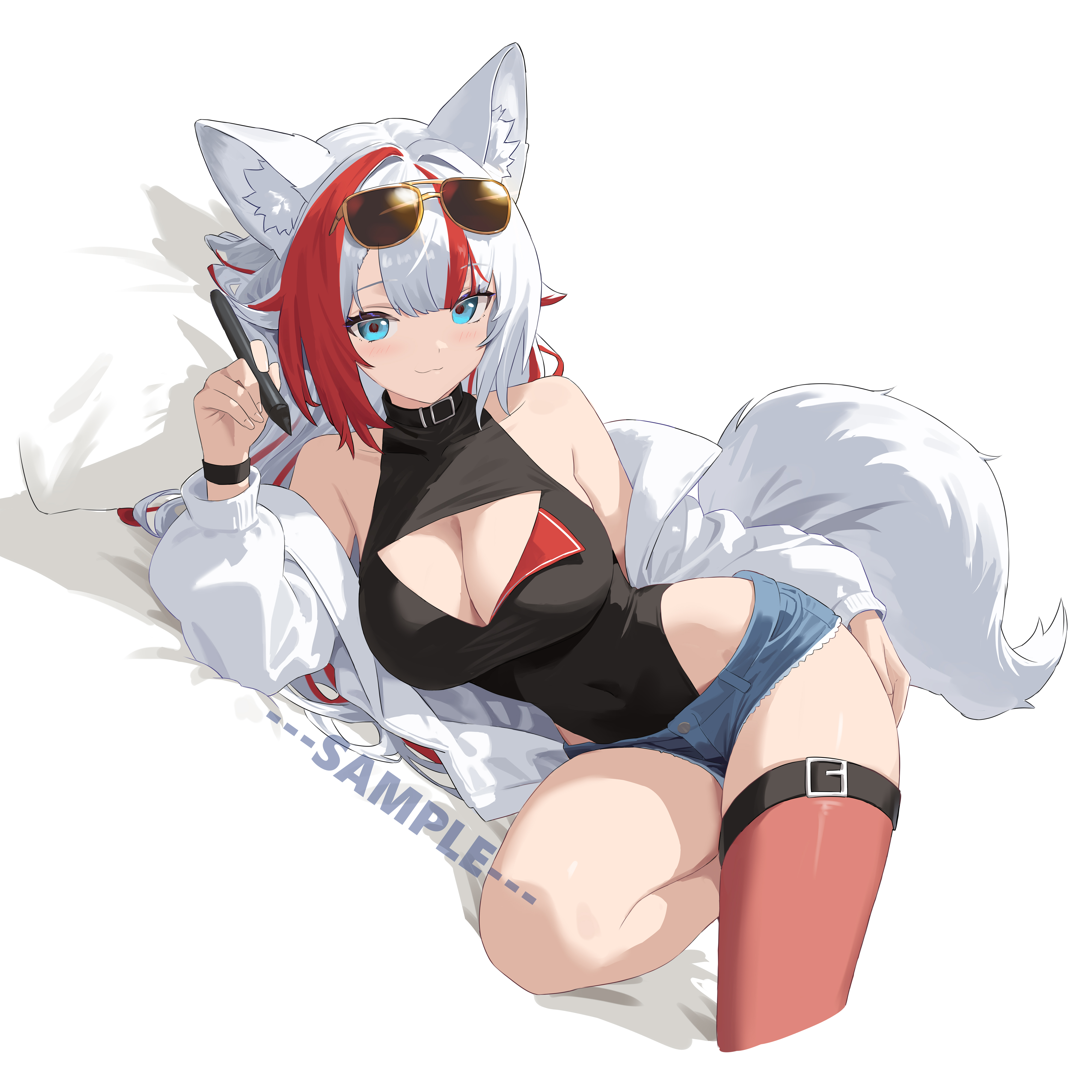 youtanhuayuan255, original, absurdres, check copyright, commission, copyright request, highres, 1girl, :3, animal ears, bare shoulders, belt, black choker, black leotard, blue eyes, blue shorts, breasts, choker, cleavage, cleavage cutout, closed mouth, clothing cutout, covered navel, cutoffs, denim, denim shorts, dog ears, dog tail, eyewear on head, hand up, highleg, highleg leotard, holding, holding stylus, jacket, large breasts, leotard, long hair, long sleeves, looking at viewer, micro shorts, multicolored hair, off shoulder, pillow, pink thighhighs, red hair, shorts, simple background, single thighhigh, smile, solo, stylus, sunglasses, tail, thigh belt, thigh strap, thighhighs, thighs, two-tone hair, white background, white hair, white jacket