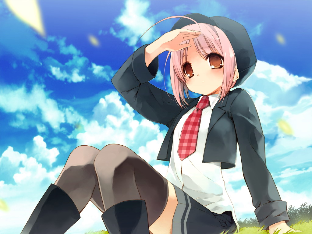 akino momiji, sakura musubi, plaid neckwear, 1girl, cloud, day, female focus, necktie, pink hair, plaid clothes, plaid necktie, red necktie, school uniform, serafuku, sky, solo, thighhighs